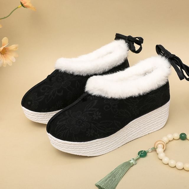 Wedge Fleece-Lined Bow Pumps Platform Heel