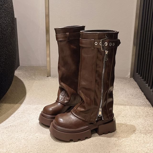 Zip Boots Platform Panel Knee High Buckled