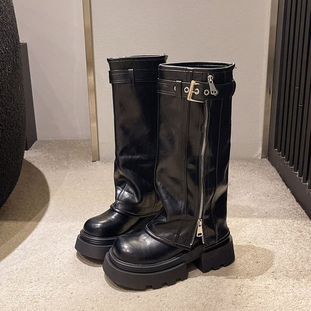 Zip Boots Platform Panel Knee High Buckled