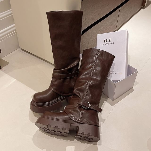 Panel Boots Knee High Platform Buckled