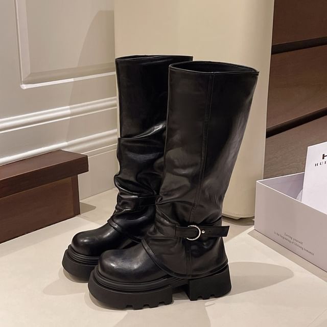 Panel Boots Knee High Platform Buckled