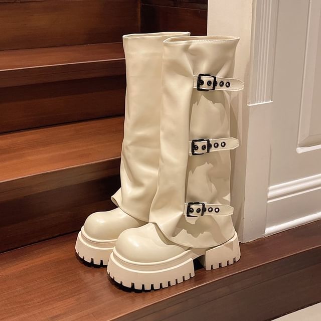 Buckled Panel Platform Boots High Knee