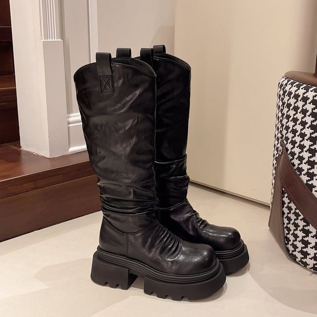 Platform Boots Knee High Ruched