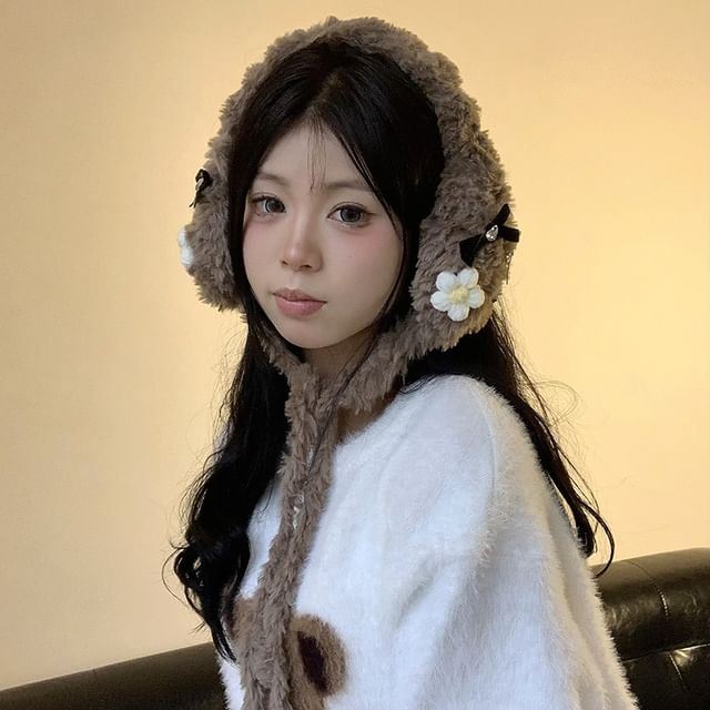 Crochet Fluffy Earmuffs Flower Bow