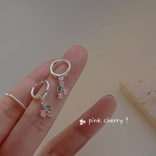 Cherry Rhinestone Silver Drop 925 Earring Sterling Hoop