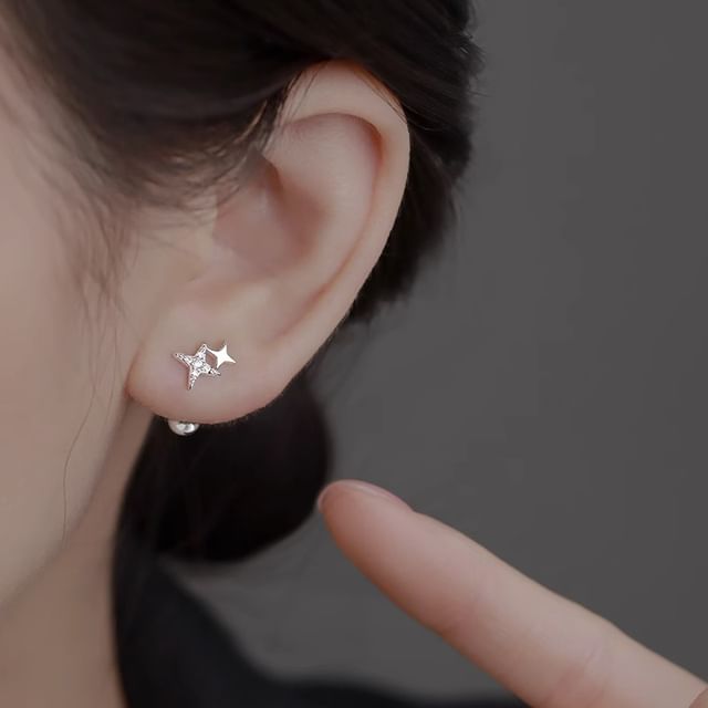 Barbell Rhinestone Silver Star Earring Sterling 925