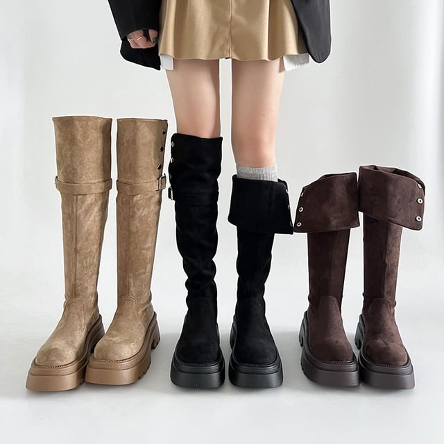 Over Button Platform Knee Buckled Faux The Suede Boots