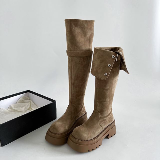 Over Button Platform Knee Buckled Faux The Suede Boots