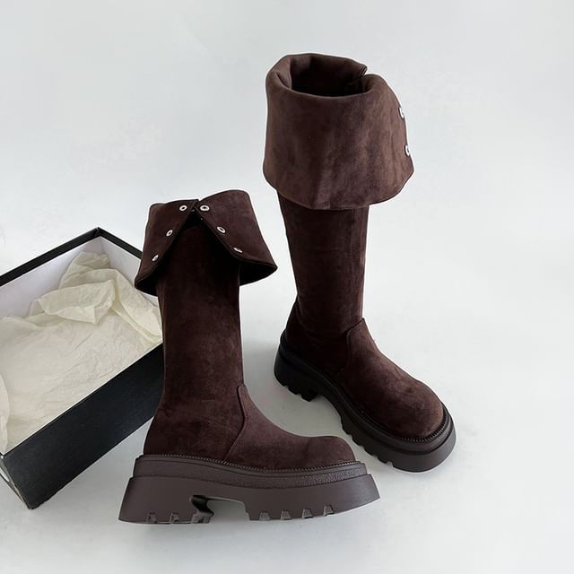 Over Button Platform Knee Buckled Faux The Suede Boots