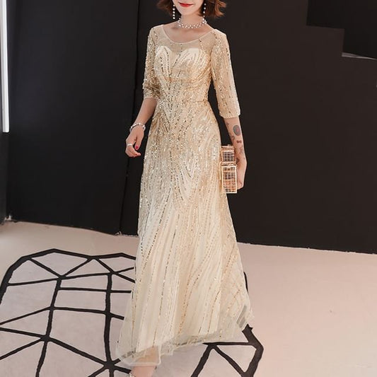 A-Line Sequin Neck Elbow-Sleeve Evening Gown Round