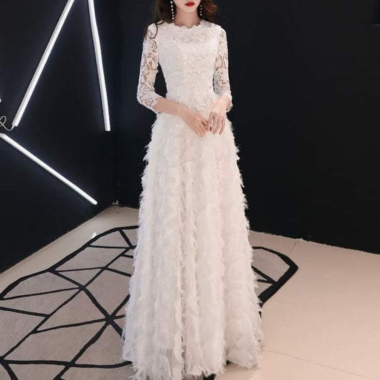 Neck Gown Fringed Midi Lace 3/4-Sleeve Dress / Evening A-Line Round