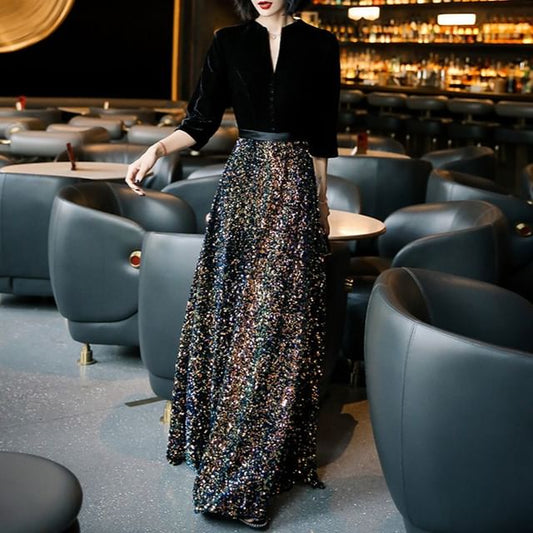 Neck Panel Evening Notch Sequin 3/4-Sleeve (Various Gown Designs)