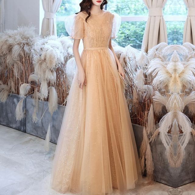 Short-Sleeve Evening Gown Mesh A-Line Sequin