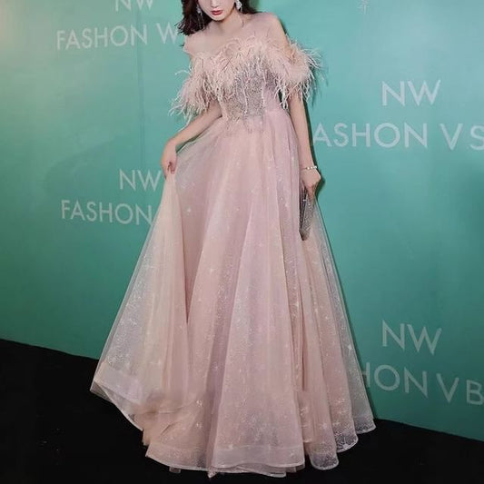 A-Line / Evening Gown Off-Shoulder Midi Trim Sequin Fluffy Dress Mesh