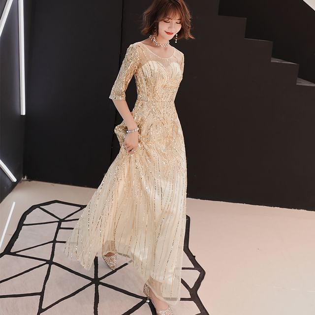 A-Line Sequin Neck Elbow-Sleeve Evening Gown Round