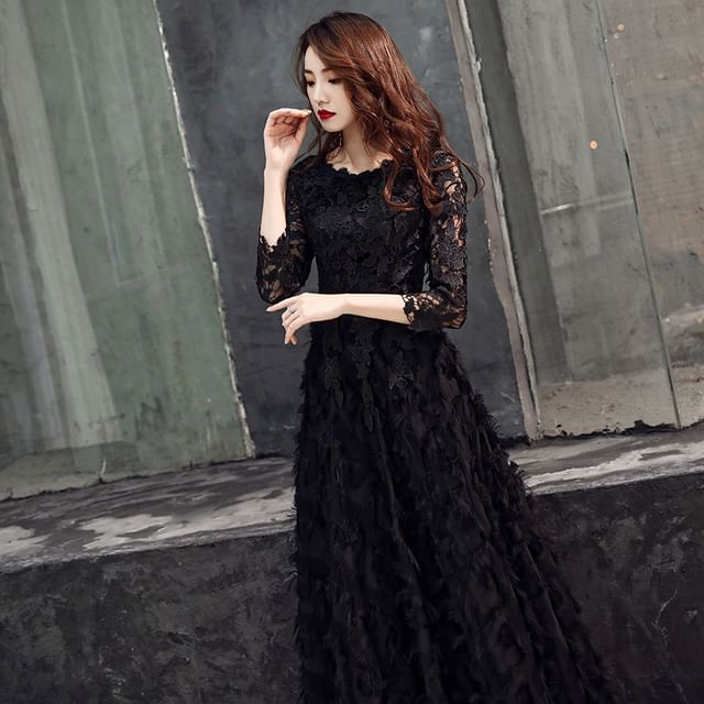 Neck Gown Fringed Midi Lace 3/4-Sleeve Dress / Evening A-Line Round