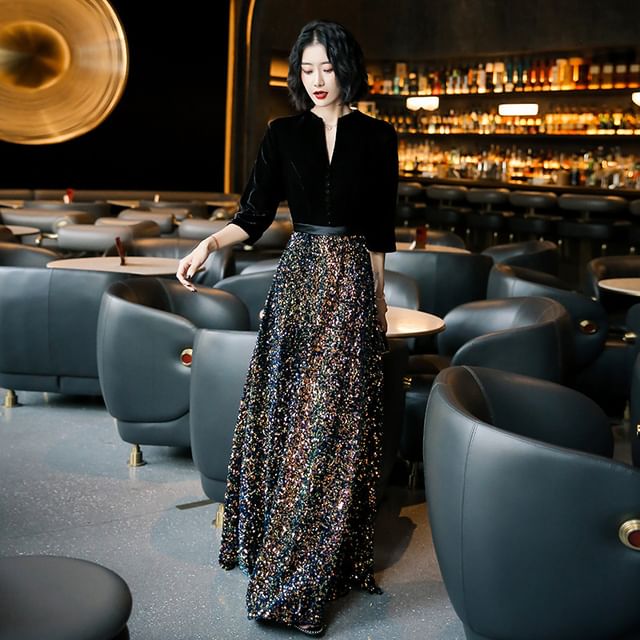 Neck Panel Evening Notch Sequin 3/4-Sleeve (Various Gown Designs)