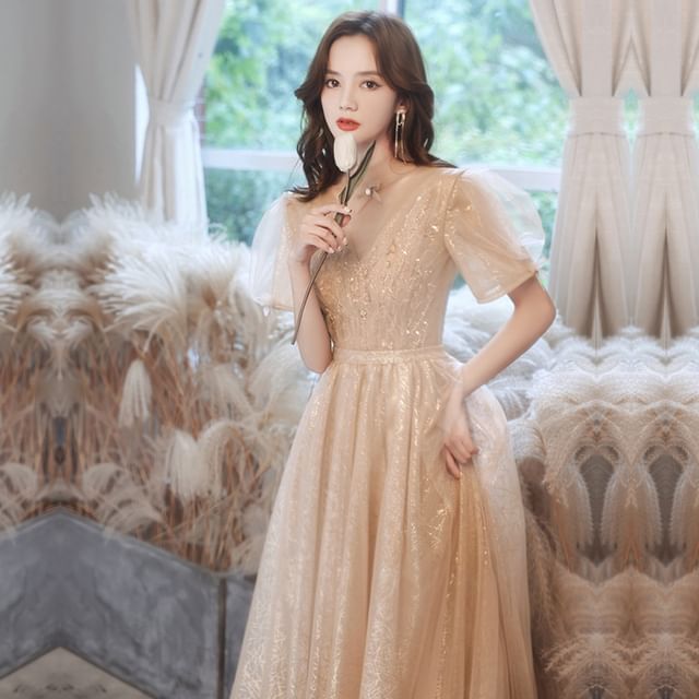 Short-Sleeve Evening Gown Mesh A-Line Sequin