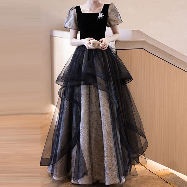 Short-Sleeve Square Neck Mesh A-Line Evening Gown