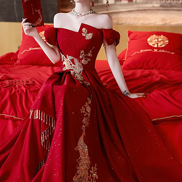 Off Shoulder Embroidered Asymmetrical A-Line Evening Gown