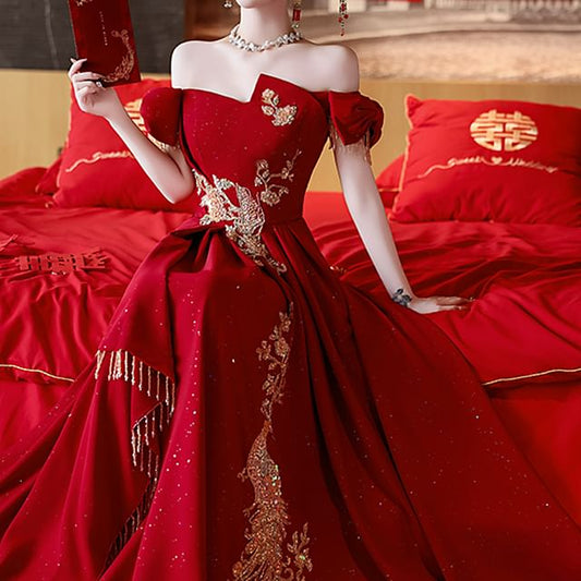 Off Shoulder Embroidered Asymmetrical A-Line Evening Gown