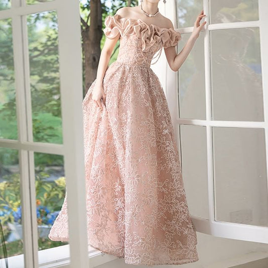 Off Shoulder Ruffle A-Line Evening Ball Gown