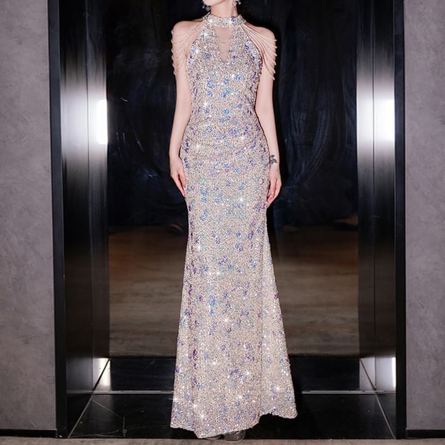 Sleeveless Sequin Mermaid Evening Gown