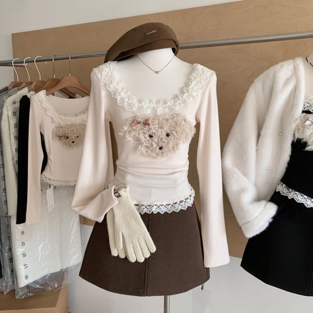 Panel Neck Sleeve Top Long Ruffle Patterned Scoop Cartoon