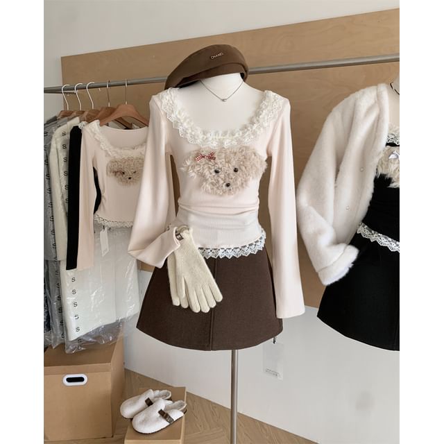 Panel Neck Sleeve Top Long Ruffle Patterned Scoop Cartoon