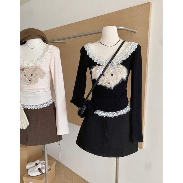 Panel Neck Sleeve Top Long Ruffle Patterned Scoop Cartoon