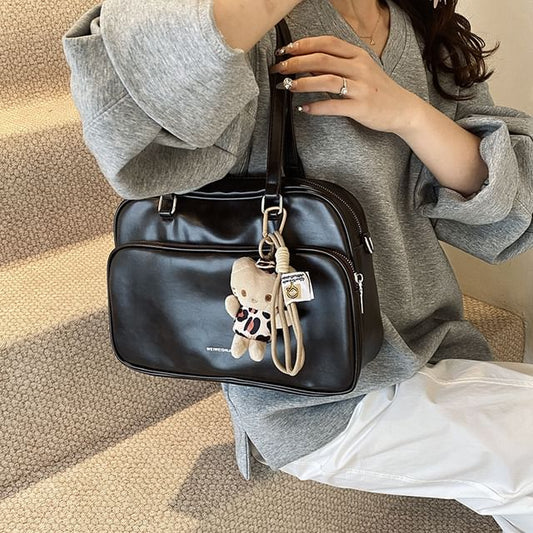 Multi-Pocket Lettering Faux Leather Tote Bag