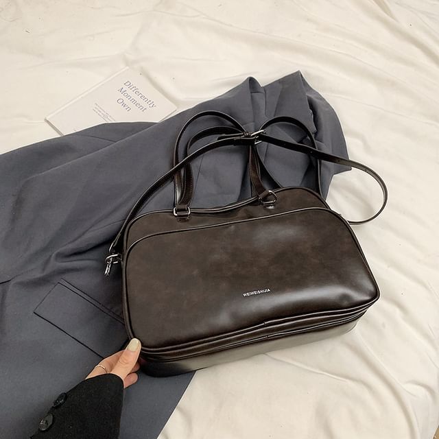 Multi-Pocket Lettering Faux Leather Tote Bag