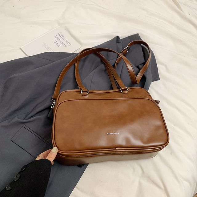 Multi-Pocket Lettering Faux Leather Tote Bag