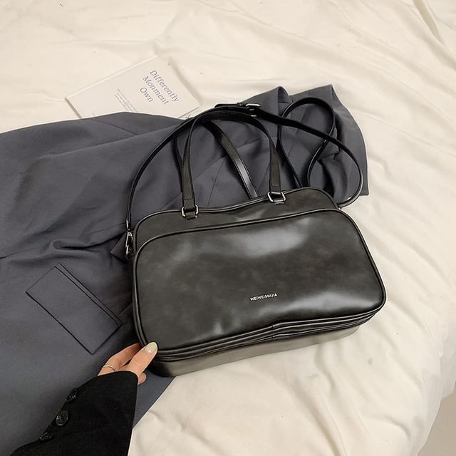 Multi-Pocket Lettering Faux Leather Tote Bag