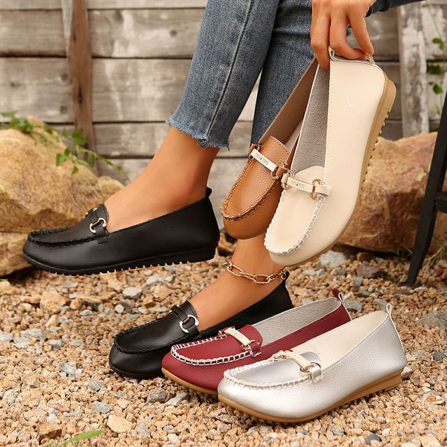 Buckled Faux Leather Slip-Ons Plain