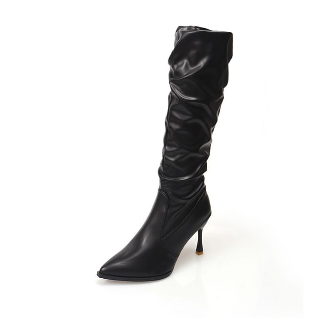 Heel Tall Plain Toe High Leather Faux Pointed Boots
