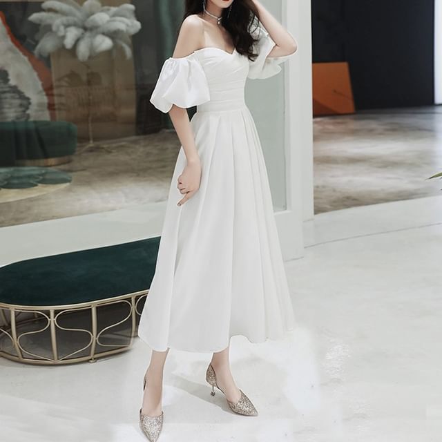 / A-Line Plain Gown Wedding Off-Shoulder Midi Dress Puff-Sleeve