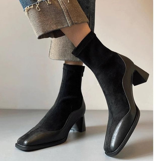 Boots Faux Heel Short Leather Block