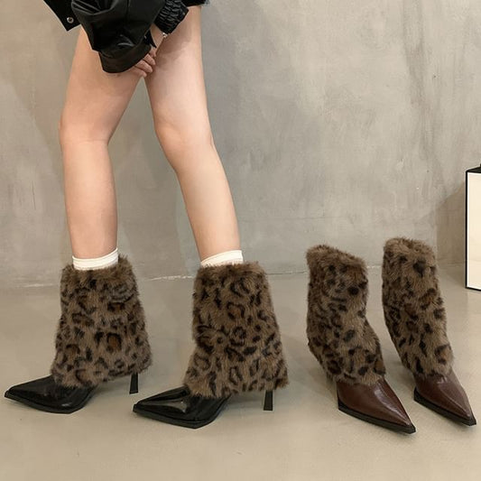 Heel Print Pointed High Boots Leopard Short
