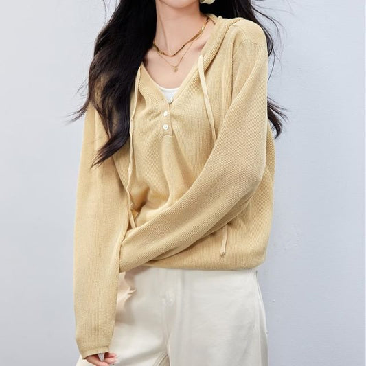 Mock Hoodie V-Neck Two Two-Piece Tone Knit