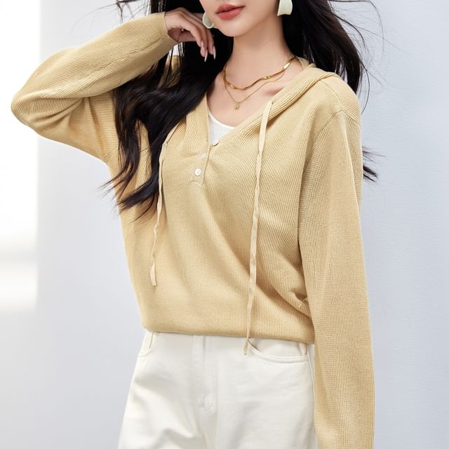 Mock Hoodie V-Neck Two Two-Piece Tone Knit