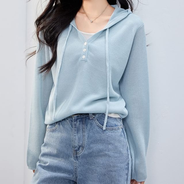 Mock Hoodie V-Neck Two Two-Piece Tone Knit
