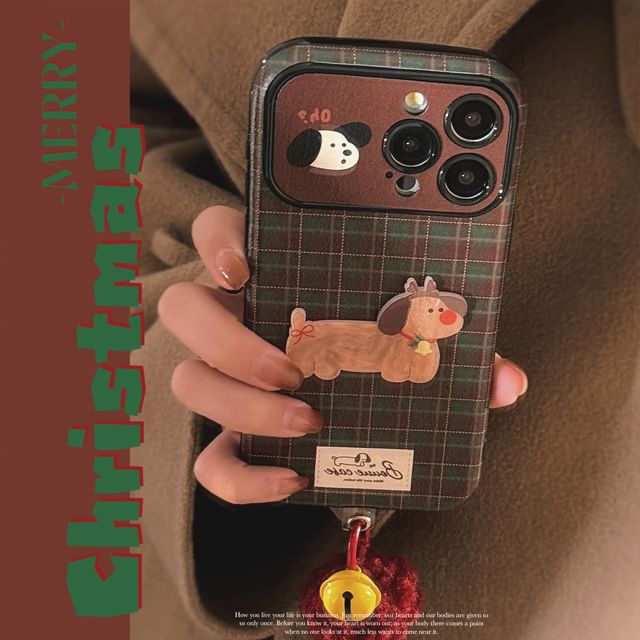 Bell Charm Dog Plaid Pom Phone / Case Set