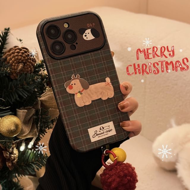 Bell Charm Dog Plaid Pom Phone / Case Set