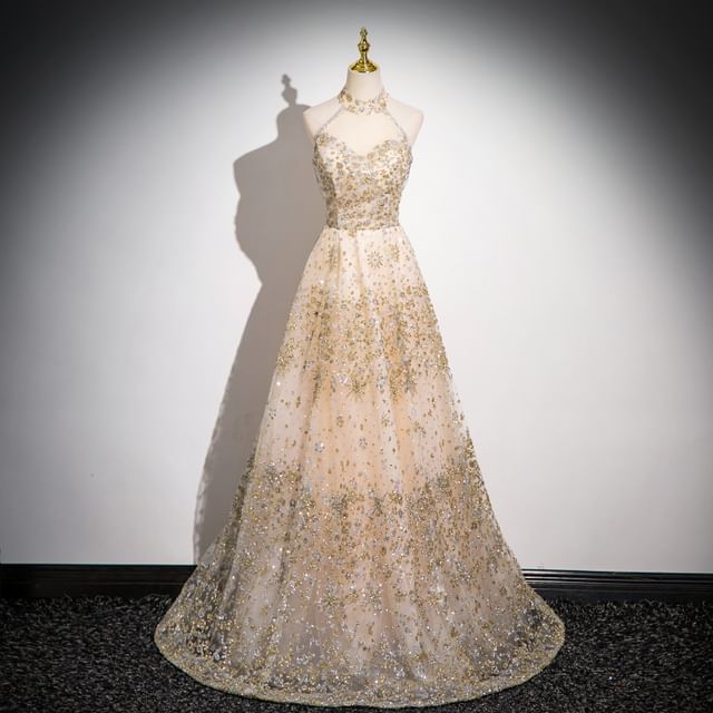 Patterned Sleeveless Gown Evening Mesh Mandarin Sequin A-Line Collar