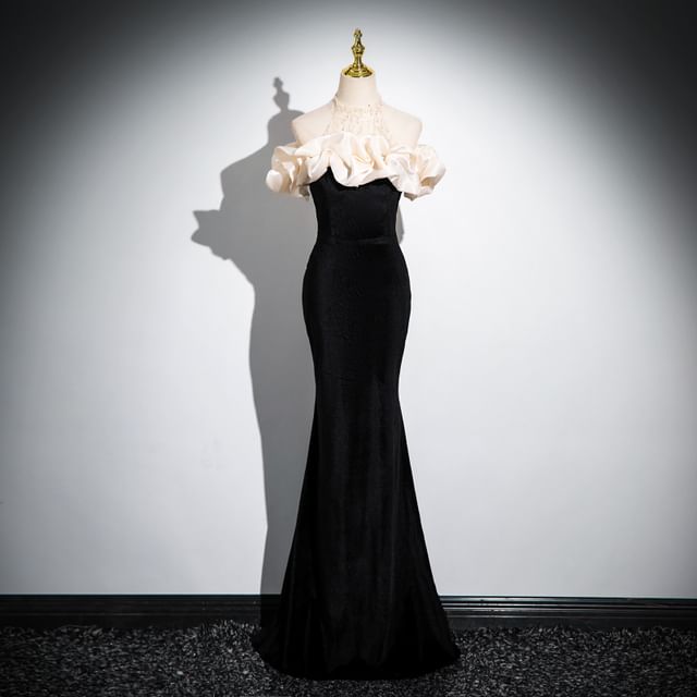 Sequin Trumpet Sleeveless Shoulder Gown Mesh Evening Cold Ruched Panel