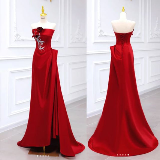 A-Line Floral Ruched Embroidered Evening Detail Gown Tube