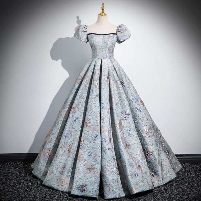 Jacquard Puff Square Pleated Evening Gown Sleeve A-Line Neck