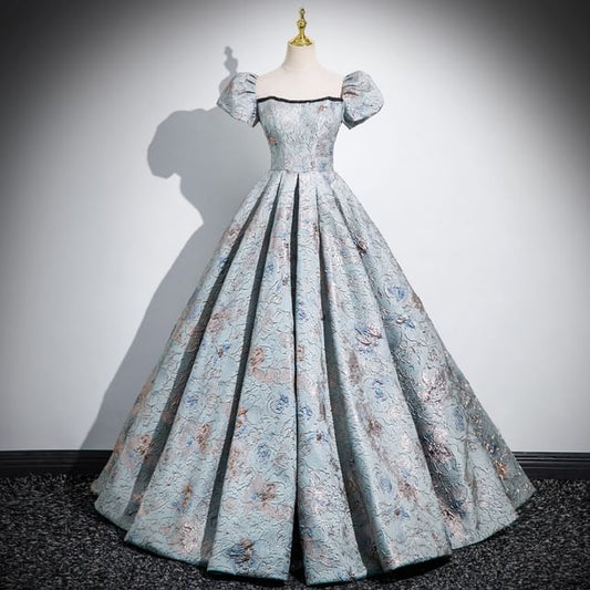 Jacquard Puff Square Pleated Evening Gown Sleeve A-Line Neck