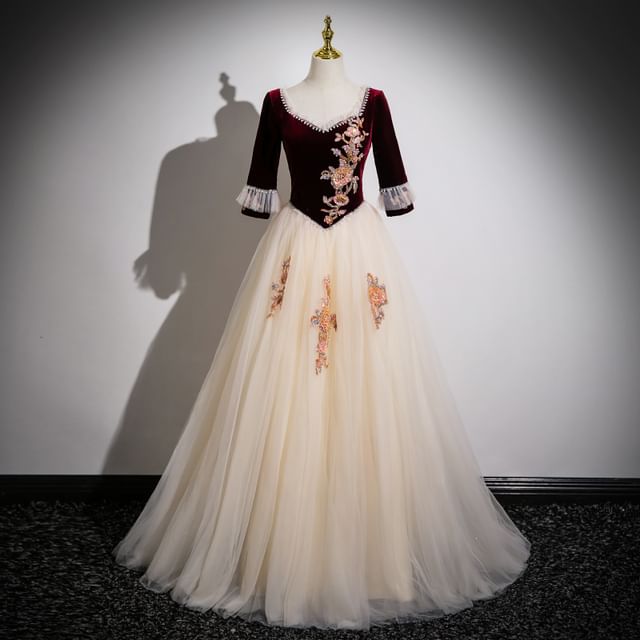 Panel Gown Floral Applique Evening Mesh V-Neck 3/4-Sleeve Beaded A-Line Velvet